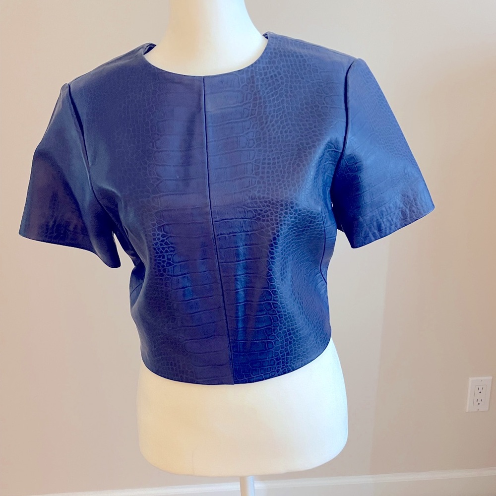 Zac Posen Blue Croc-Embossed Leather Crop top